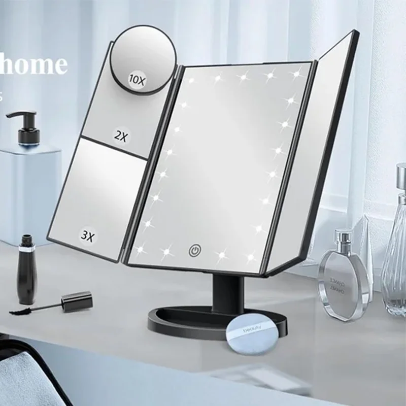 Make-up-Kosmetikspiegel mit Lichtern, einstellbarer Helligkeitsspiegel mit 1-facher/2-facher/3-facher Vergrößerung und dreifach faltbarem Touchscreen-Make-up-Spiegel Image