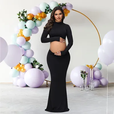 Maternity Mock Neck Long Sleeve Top Slim Maxi Skirt 2 Pcs Set Photoshoot Outfit Wedding Party Pregnant Clothes