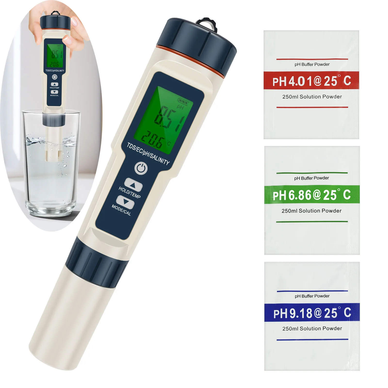 5-in-1-Wassertester, digitaler PH-Tester, hochpräzises Design mit Hintergrundbeleuchtung, multifunktionales Salzgehaltmessgerät mit Temperatur für Pools Image