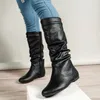Comemore Schwarze Keilstiefel für Damen, 2025, Herbst, neue große Größe, faltige mittelhohe Stiefel, runde Zehen-Damenschuhe, hohe Absätze stiefel damen hohe stiefel schuhe damen boots damen damen