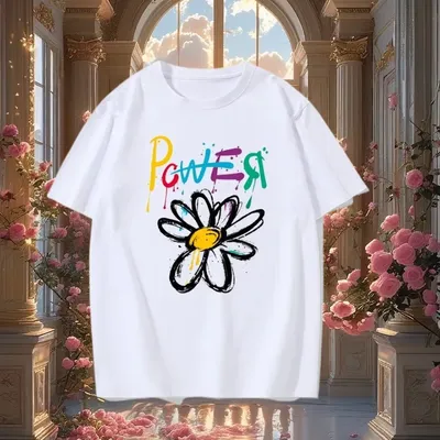 2025 summer new Kpop Bigbangs G-DRAGONS GD POWER Letter Graffiti Daisy Print Short Sleeve Male Female Couple Fans Casual Top