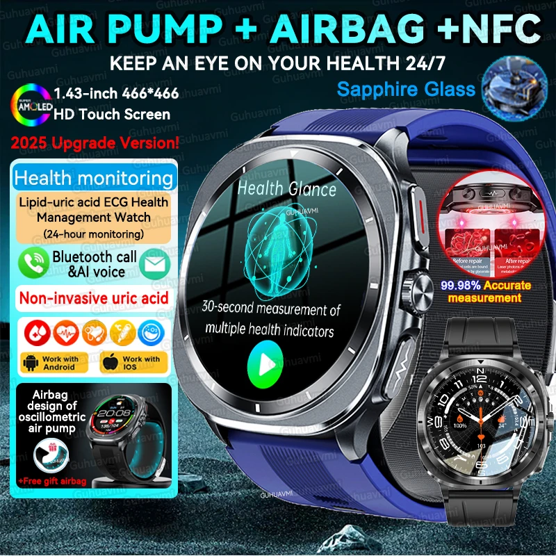 2025New Für Android Uhr Luftpumpe Airbag Smart Uhr Männer 466*466 AMOLED Genaue Messen EKG Lipid-Uric säure Gesundheit Smartwatch Image