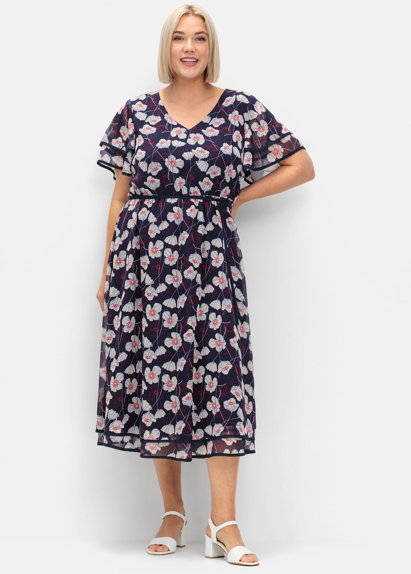 Sommerkleid SHEEGO "Kleid", Damen, Gr. 48, Normalgrößen, blau (marine, gemustert), 100% Polyester, lang, Kleider Image