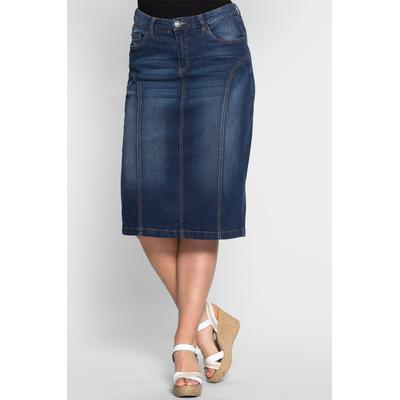 Jeansrock SHEEGO, Damen, Gr. 50, blau (dunkelblau denim), 98% Baumwolle, 2% Elasthan, unifarben, knielang, Röcke Image