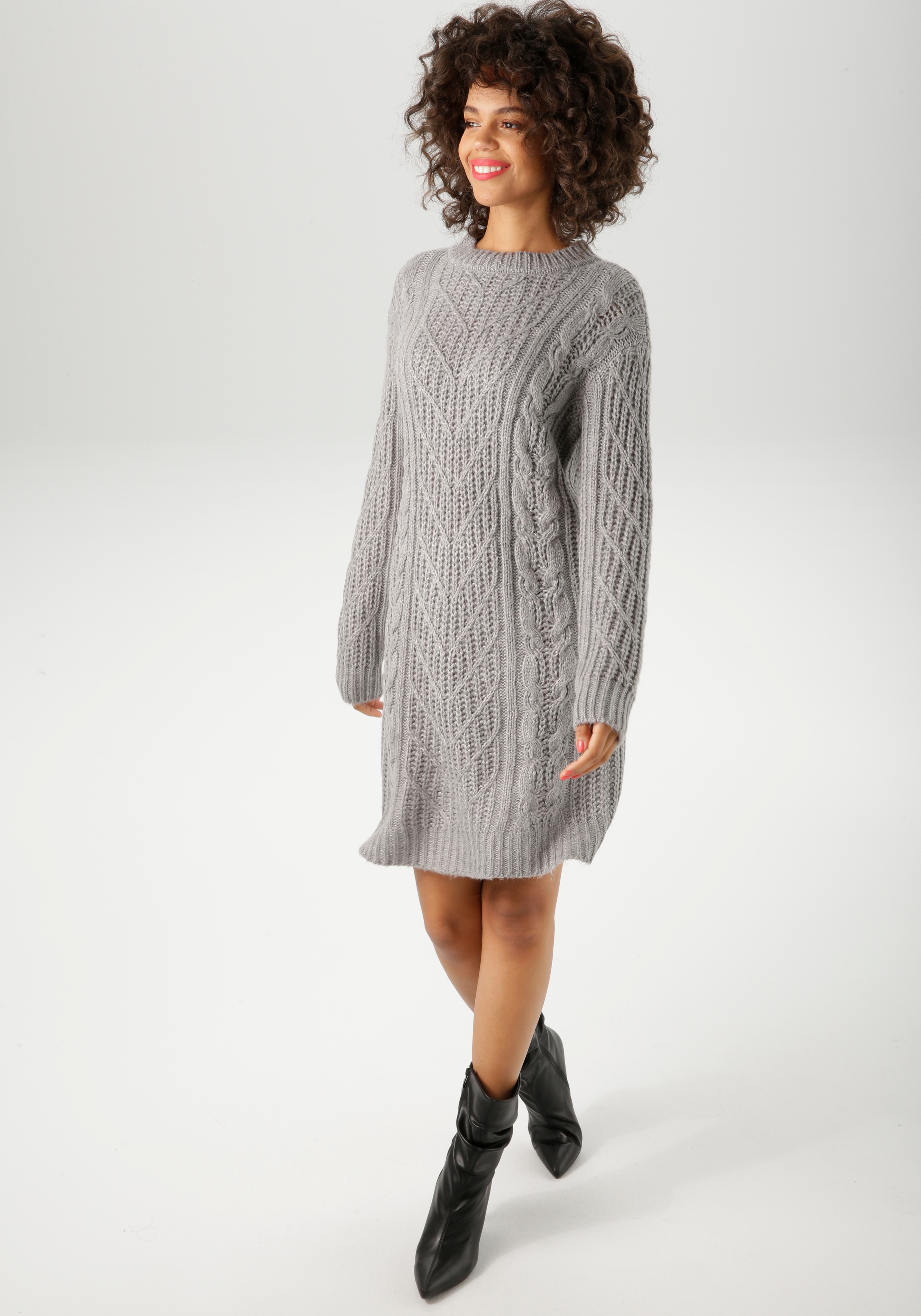 Strickkleid ANISTON CASUAL, Damen, Gr. 34, N-Gr, grau (graumeliert), Grobstrick, Obermaterial: 100% Polyacryl, Zopfmuster, Casual, figurumspielend kniefrei, Rundhals, Rippstrickbündchen, Kleider, im trendigen Muster-Mix - NEUE KOLLEKTION Image