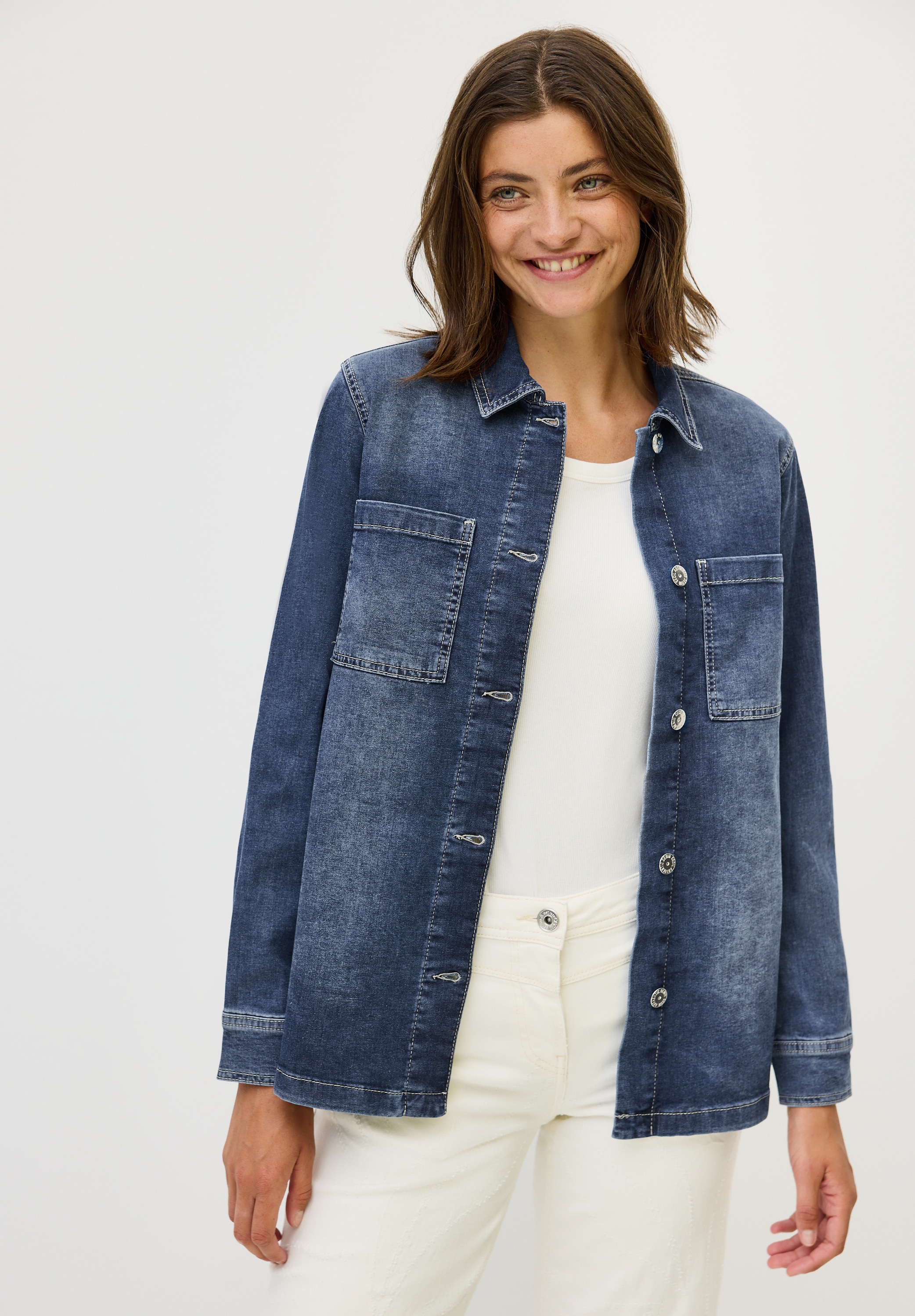 Jeansjacke CECIL, Damen, Gr. S (38), blau (mid blau wash), Web, 77% Baumwolle, 20% Polyester, 3% Elasthan, unifarben, Casual, normal normal, V-Ausschnitt, Bündchen, Jacken, aus Baumwolle mit Stretchanteil Image