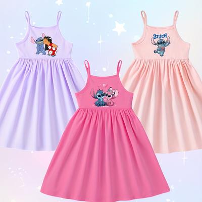 TEMU Genuine Three-piece Set For Girls: Casual Simple Dress With Cool Comfortable Cartoon Cute Stitch Kiss Print Sundress Image