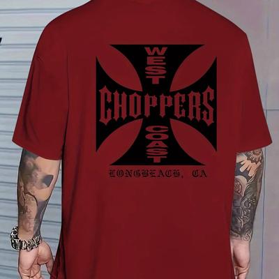 "TEMU Men's Chopper Graphic T-shirt - Casual Summer Short Sleeve, Crew Neck, Fabric, Black With Geometric Print, " Beach, Ca" Design, Lightweight & Comfortable For Casual Attire" Image