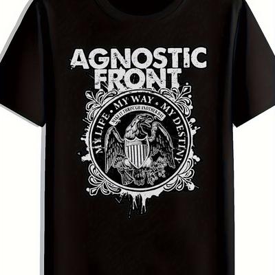 TEMU Front Retro Rock Band Graphic Print Crew Neck Short Sleeve T-shirt Top Comfortable Breathable Fabric Casual Sports Style Men's 100% Cotton Streetwear Gift, Holiday Gift Image