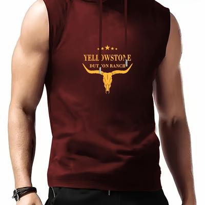 TEMU Men's Sleeveless Hooded Tank Top - Print, Black Polyester Athletic Vest For Casual Summer , Summer Tank Tops Image