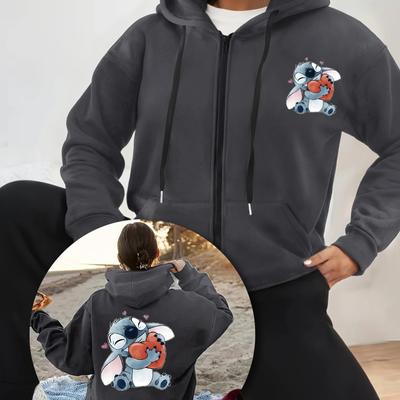 TEMU Stitch Double-sided Print Hoodie For Women - Cute Gray Zip-up Sweatshirt With Drawstring, Long Sleeves & Pockets, Casual Fall/winter Wear, Image