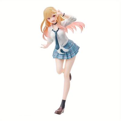 TEMU Anime Schoolgirl Figure - Blonde Goddess In White Blouse, Blue Tie & Skirt With Pink Highlights, Peace Sign , Durable Pvc Collectible Gift For Anime Fans & Collectors
