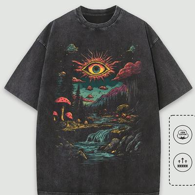 TEMU Men's Casual Graphic T-shirt - 100% Cotton Crew Neck Short Sleeve With Fantasy Forest & Print, Loose Fit Streetwear Style, Machine Washable For Everyday Image