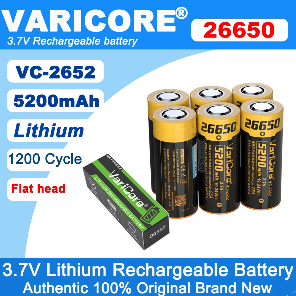 VariCore 5200 mAh 26650 VC-2652 Wiederaufladbarer Lithium-Akku 3,7 V 25 A Leistung Geeignet für Taschenlampen-Scheinwerferbatterien Image