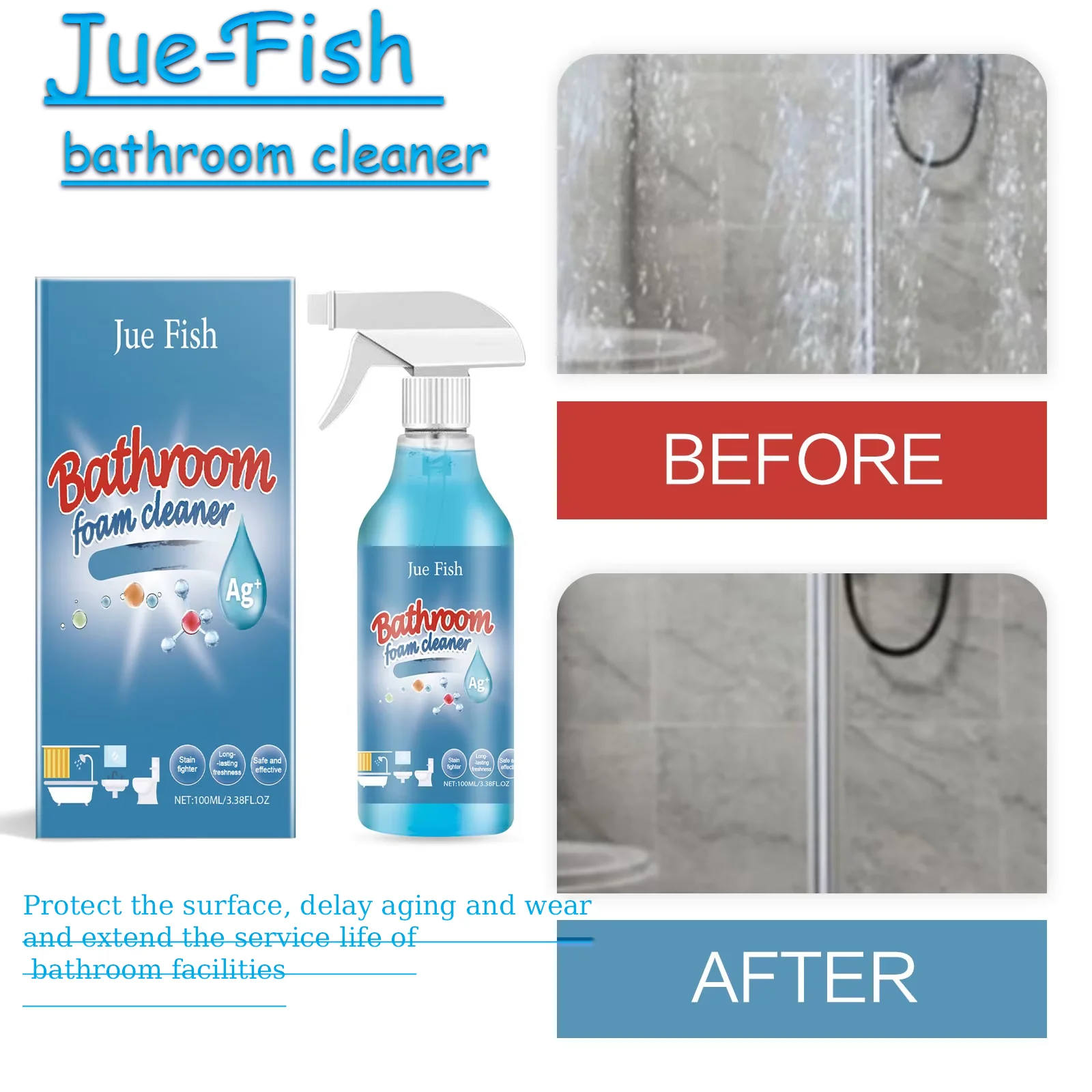 Jue-Fish Badezimmerreiniger, flüssige Badewanne, Dusche, Glasreinigung, Toilette, Keramikfliesenreiniger, Rost, Toilette, Entkalkungsspray Image