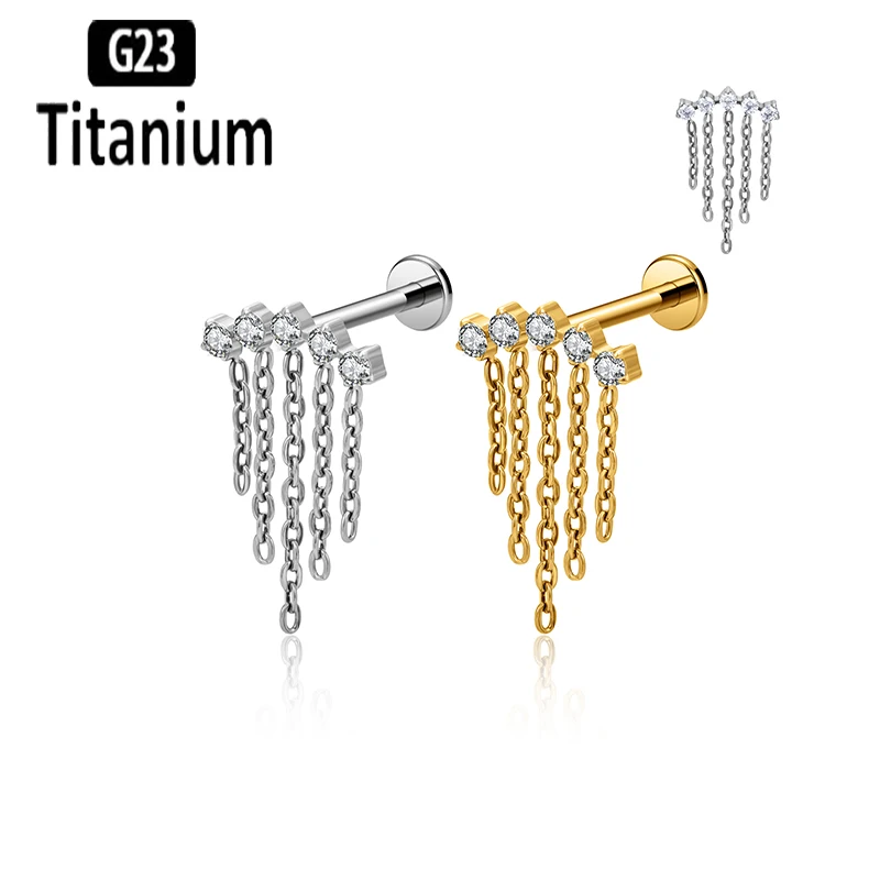 ASTM F136 Titan Innengewinde Labret mit Kette Ohrknorpel Tragus Helix Ohrringe Lippen Ohrstecker Ringe Körper Piercing Schmuck Image