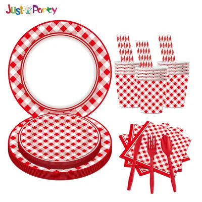 Red Checkered Dining Party Tableware, Birthday Party Disposable Paper Plates, Paper Cups, Tissues, Knives, Forks, Spoons Set
