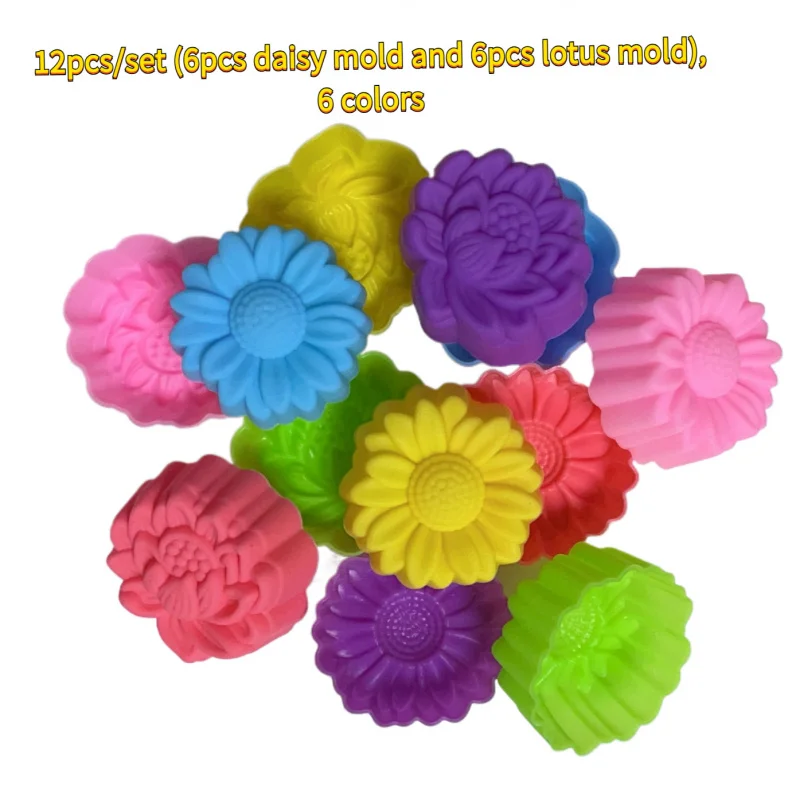 12-teiliges Silikonform-Set für Gänseblümchen und Lotus, 6 Farben, mit Kerzenduft, Gips, handgefertigte Seife und Harzgusshandwerk, 3D-Design Image
