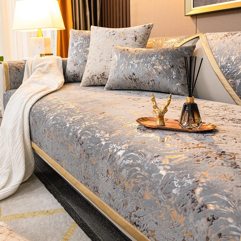 Sofabezug aus Samt mit Marmorlinien-Aufdruck für L-förmige Sofabezüge, Sofabezüge, Schonbezug, rutschfest, für Wohnzimmer, 4 Jahreszeiten Image