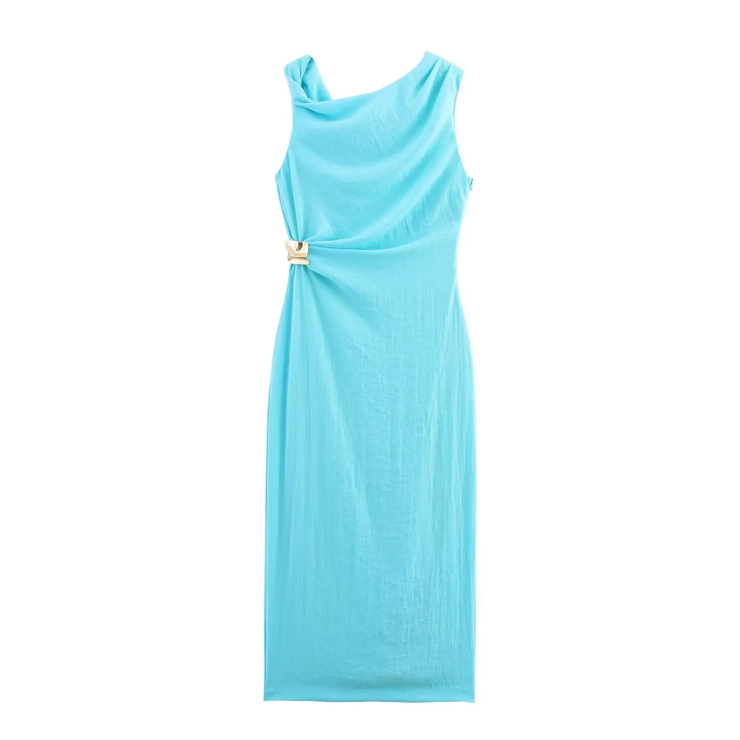 Elegantes asymmetrisches Midikleid für Damen, ärmellos, Goldverzierung, schmal, lang, Sommer, lässig, Abendkleid 8037392 Image