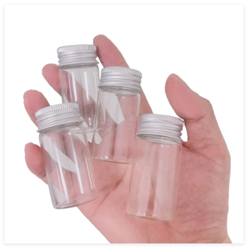 12 Stück Aluminiumkappen, Glasflasche, 20 x 30 x 60 mm, 25 ml, kleine Fläschchen, winzige leere Gläser, Behälter, transparente Wunschglasflasche, versiegelt Image
