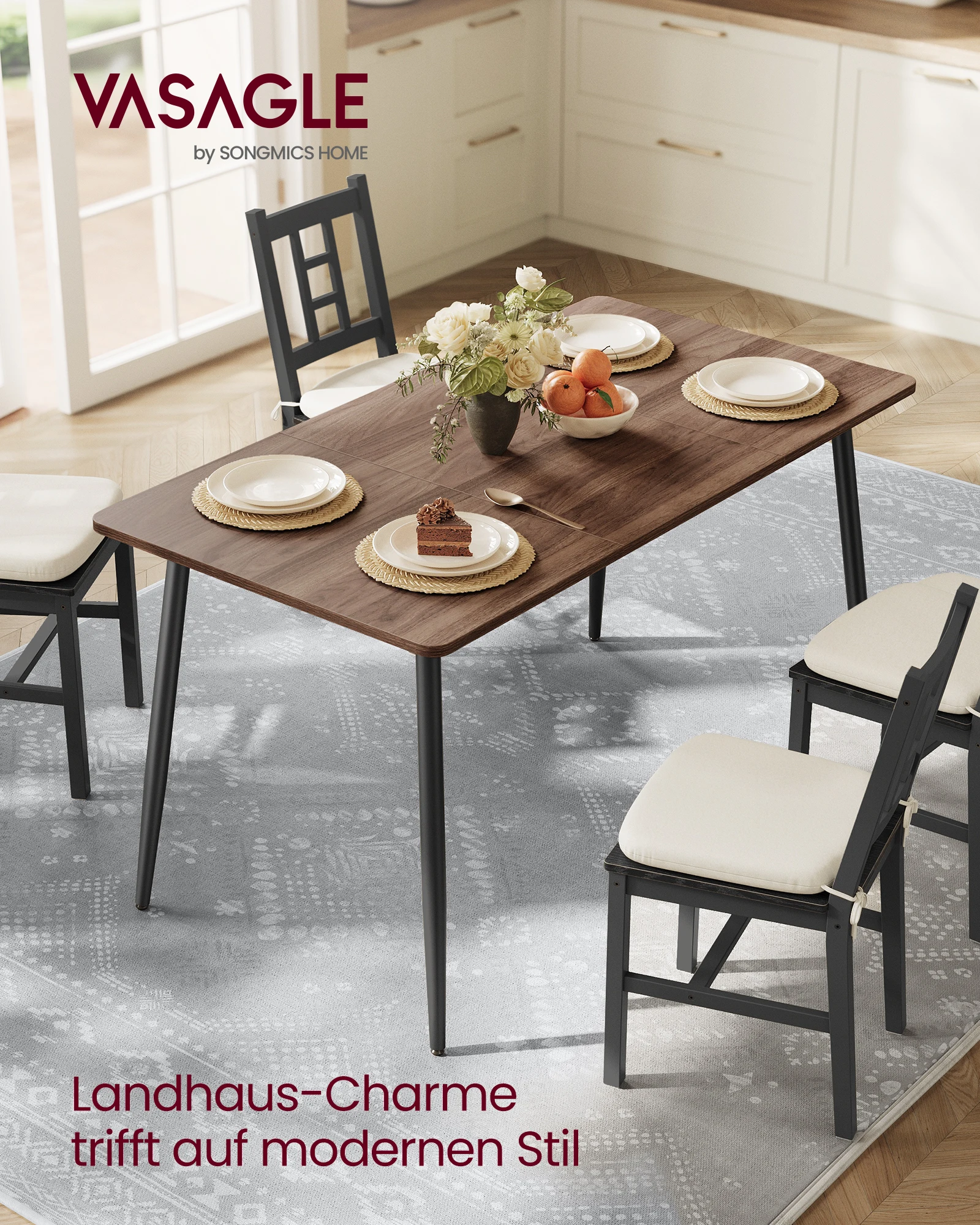 VASAGLE Esstisch, Esszimmertisch, Küchentisch, für 4-6 Personen, Landhausstil, hitzebeständige Oberfläche, einfache Montage Image