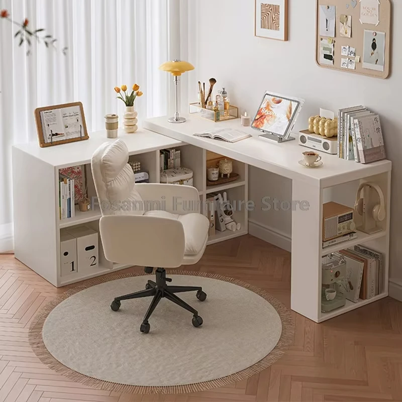 Multifunktionaler, verstellbarer weißer Schreibtisch mit Aufbewahrungsschrank, moderner ausziehbarer Tisch für Schlafzimmer, Büro, Zimmer, einfache Eckschreibtische Image
