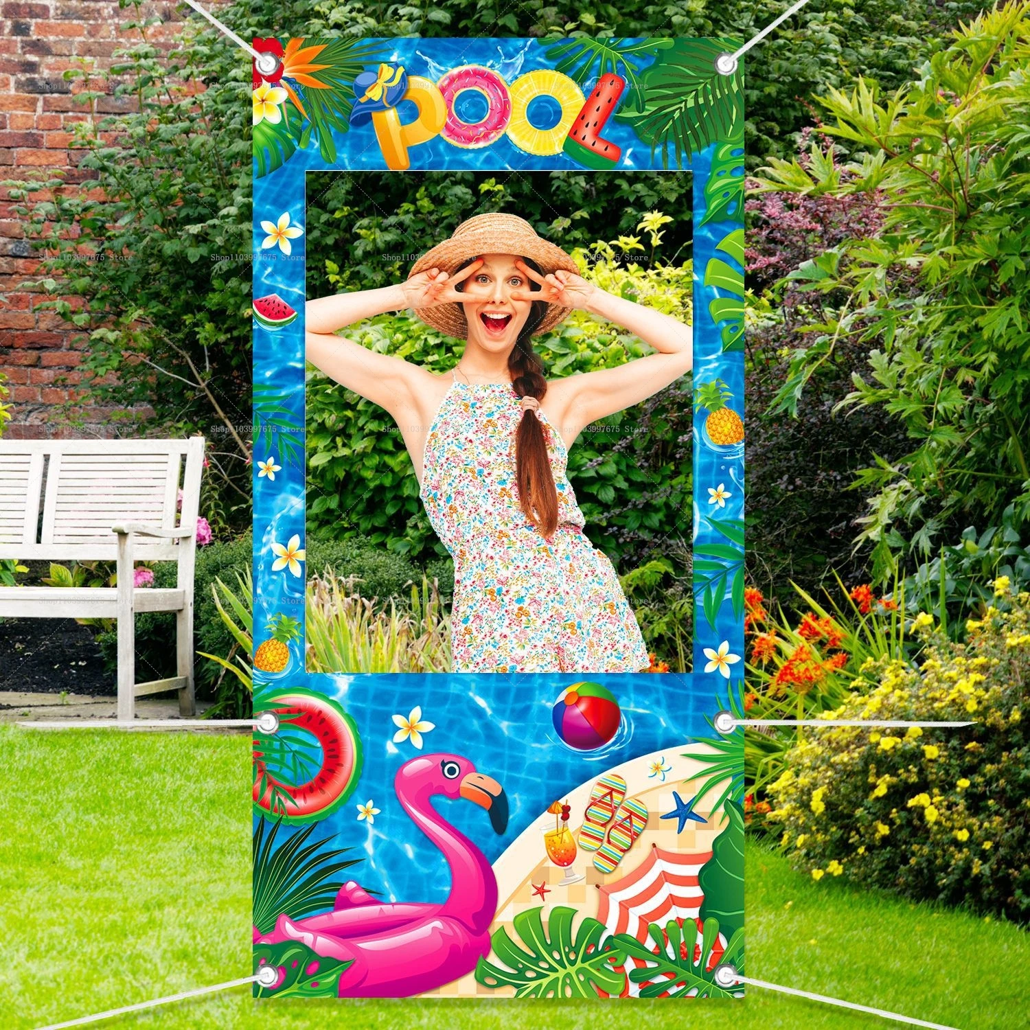 Sommer Themen Party Dekorationen Photo Booth Rahmen Requisiten Pool Flamingo Hawaiian Party Schießen Hintergrund Requisiten Baby Dusche Banner Image