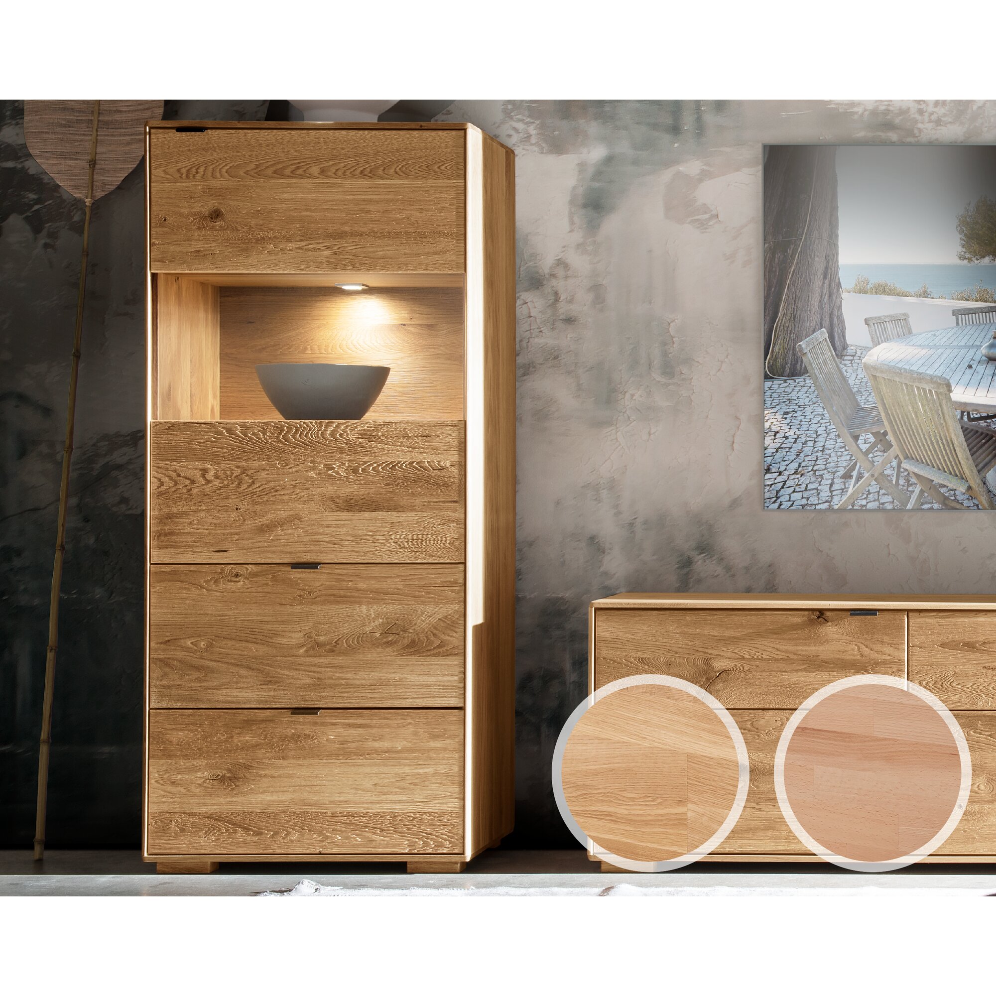 Massivholz »Zerro« Vitrine II Kernbuche / Anschlag rechts / ohne Beleuchtung