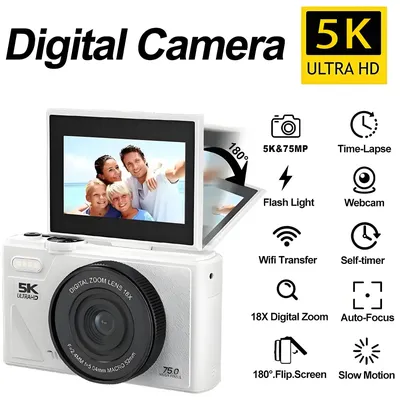 5K Ultra-High Definition 18X Zoom Digital Camera 3.0-Inch 180-Degree Rotating High-Definition Screen Student Camera Birthday Gif