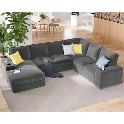 112 Inch Sectional ,Oversized Storage Chaise,U Shaped Sofa with USB Ports,Corduroy Couch—Grey