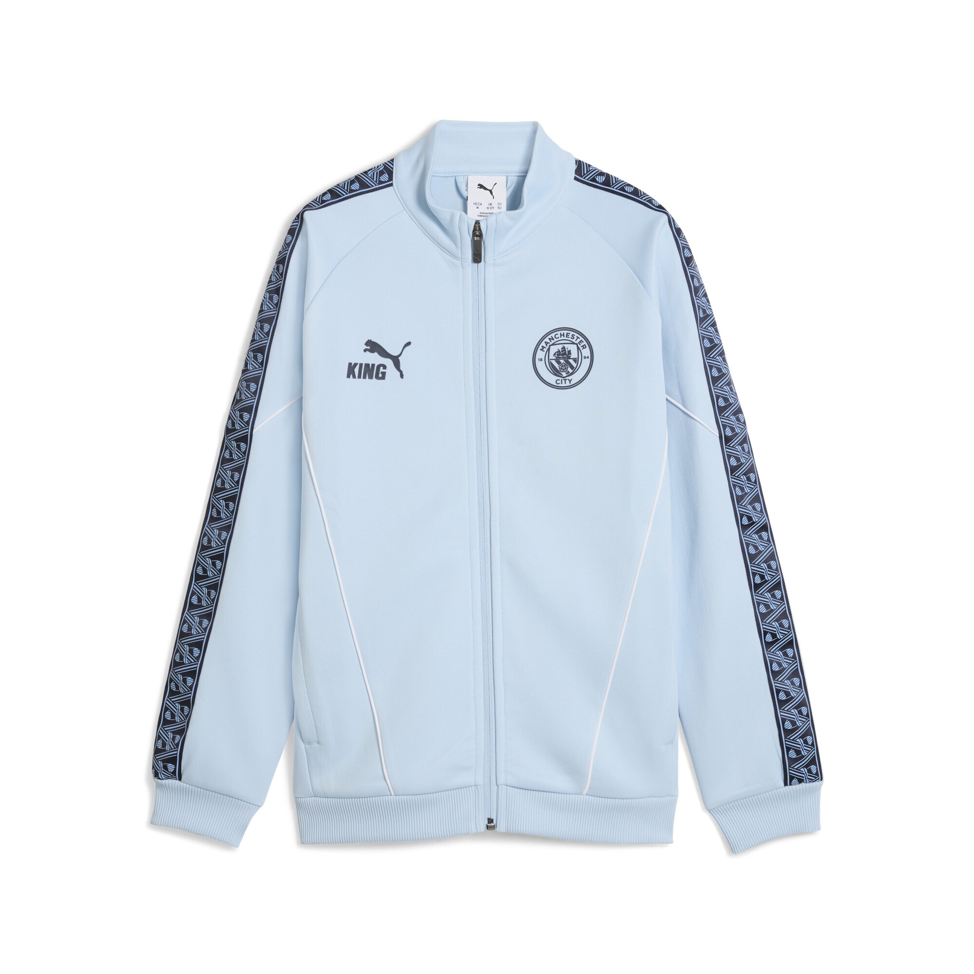 Sweatjacke PUMA "Manchester City KING Anthem Jacke Jugendliche", Jungen, Gr. 140, silber (silber sky deep navy blau), Obermaterial: 63% Polyester, 37% Baumwolle; Taschenfutter: 100% Polyester; Rippe: 7% Elasthan, 93% Polyester; Besatz: 100%...