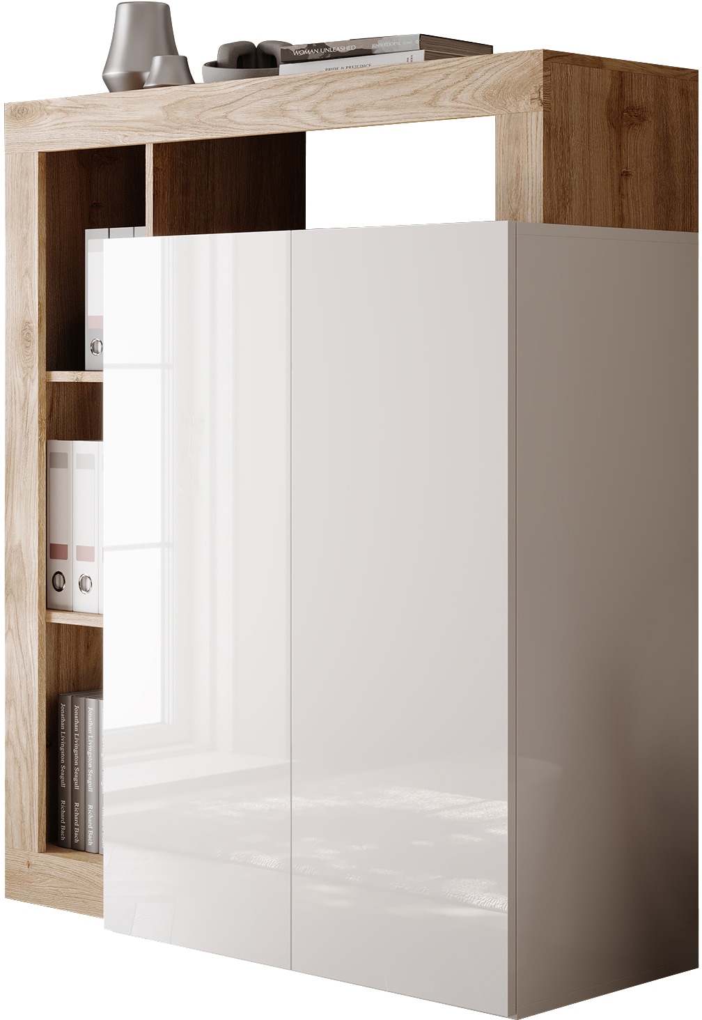 Sekretär INOSIGN "Hamburg Breite 108 cm, Höhe 126 cm, 2 Türen, PC-Schrank, Home-Office", braun (weiß, eiche cadiz nb), B:108cm H:126cm T:42cm, Sekretäre, Sekretär, dekorativer Rahmen, Tastaturauszug, Stauraum, Multifunktional