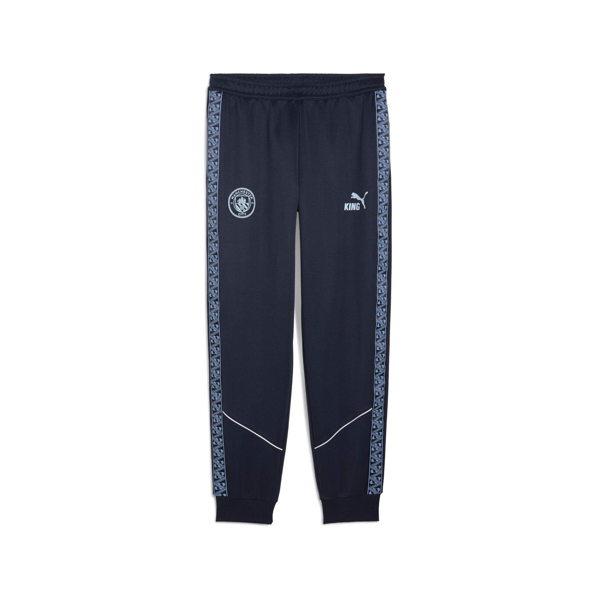 Sporthose PUMA "Manchester City KING Anthem Hose Herren", Damen, Gr. S, Normalgrößen, blau (deep navy team light blau), Obermaterial: 37% Baumwolle, 63% Polyester; Taschenfutter: 100% Polyester; Rippe: 7% Elasthan, 93% Polyester; Besatz: 100%...