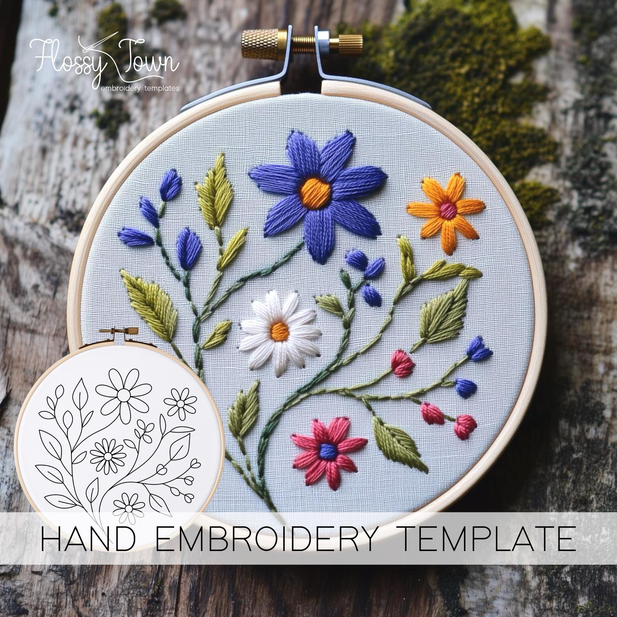 Modello di ricamo a mano con fiori (SENZA GUIDA AI PUNTI), modello di ricamo con fiori semplici, modello di ricamo con fiori facili, motivo floreale d