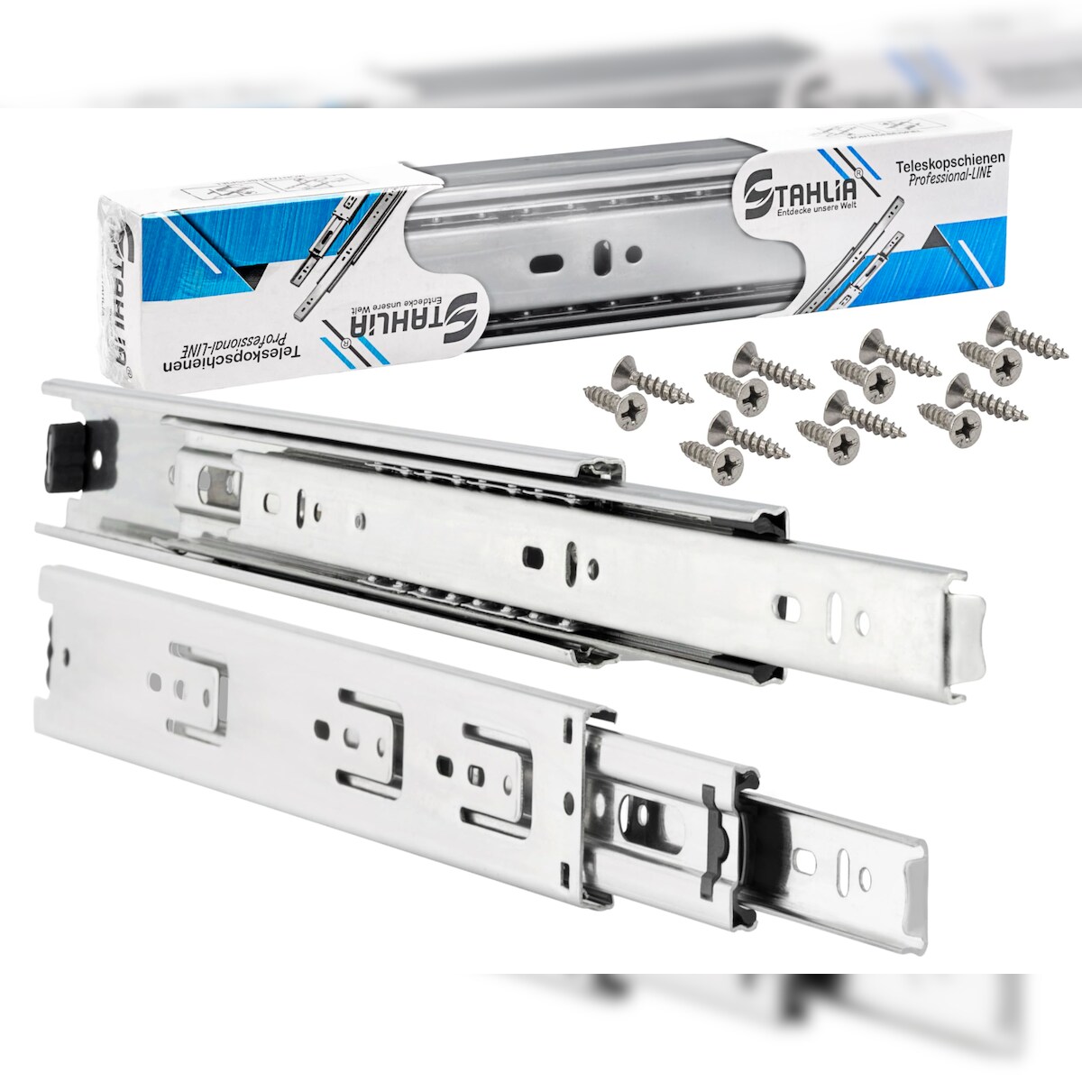 ID Dinkel Schubladenschienen 6 STÜCK VOLLAUSZUG Rollenauszug Teleskopschiene Schubladenauszug H 45 L 250 mm Image