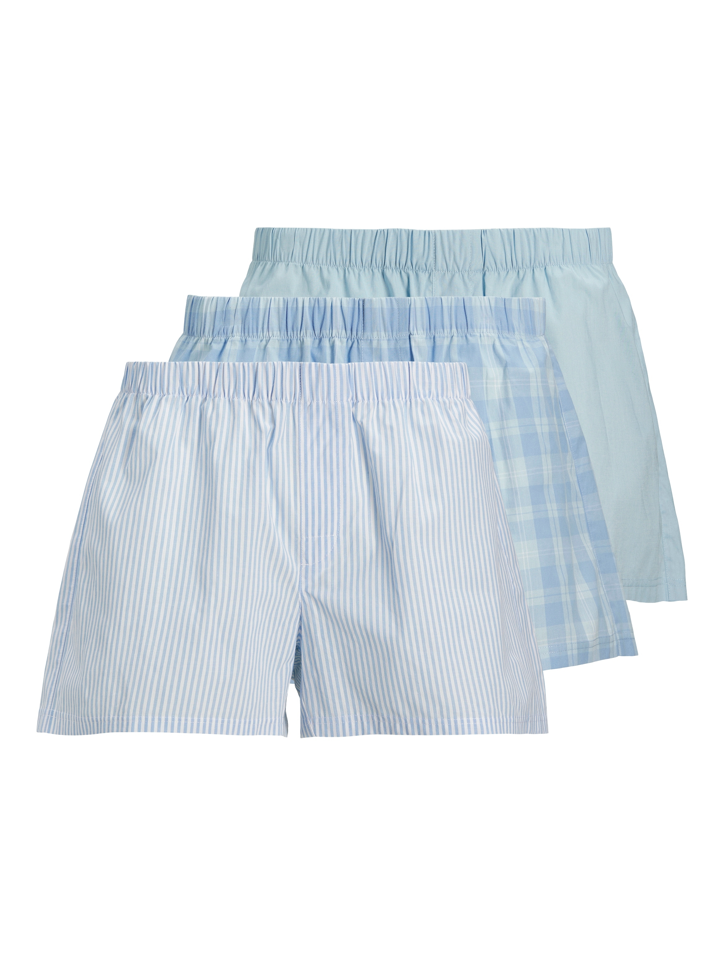 Boxershorts JACK & JONES "JACMILANO WOVEN BOXERS 3 PACK NOOS", Herren, Gr. M, blau (chambray blau pack:chambray striped, skyway checks), Jersey, Obermaterial: 100% Baumwolle, gestreift, kariert, unifarben, weit, Unterhosen Image