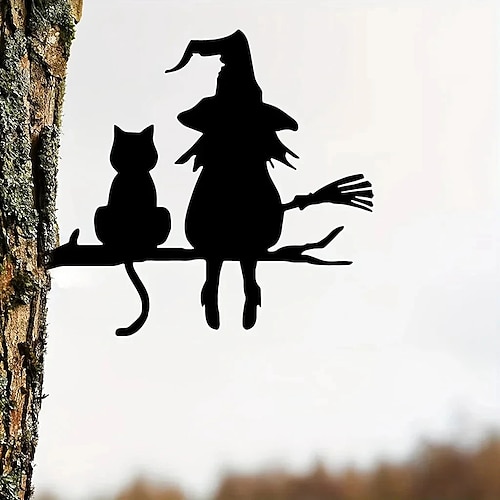 Decorazione da giardino di Halloween, sagoma in metallo, simpatico paletto da giardino in metallo impermeabile a forma di strega e gatto, decorazione artistica da giardino per esterni di Halloween