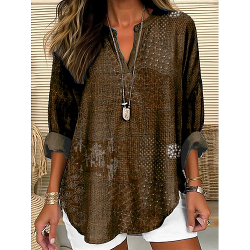 Blusa in Lino Leggero Traspirante Tunica Collo a V Manica Lunga Stile Boho Casual Top Grafica Floreale Foglie Bohemia Vintage Tropicale Top Stampa Verde Salvia Rosso Blu Marina Blu Grigiastro Marrone