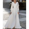 Abiti da sposa casual A-Line scollo a V manica lunga lungo fino al pavimento in crepe elastico abito da ospite di matrimonio abiti da sposa semplici con cintura in vita in perline