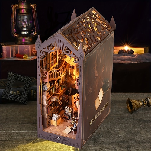 1 mensola per libreria magica in legno rustico, fai da te, kit per casa delle bambole con mobili, artigianato, puzzle 3D, decorazione per camera da letto, illuminazione a induzione, altezza 10,82 cm,