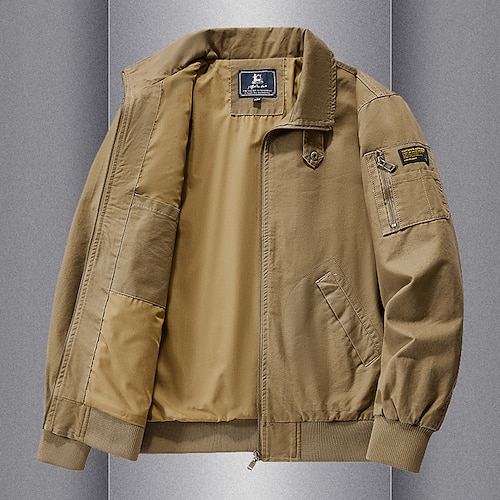 Giubbotto bomber da uomo in 100% cotone, giacca tattica, giacca da motociclista, casual, morbido, con tasche multiple, primavera autunno semplice bandiera nazionale casual comodo colletto alto nero