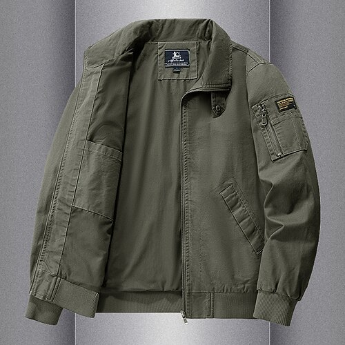 Giubbotto bomber da uomo in 100% cotone, giacca tattica, giacca da motociclista, casual, morbido, con tasche multiple, primavera autunno semplice bandiera nazionale casual comodo colletto alto nero