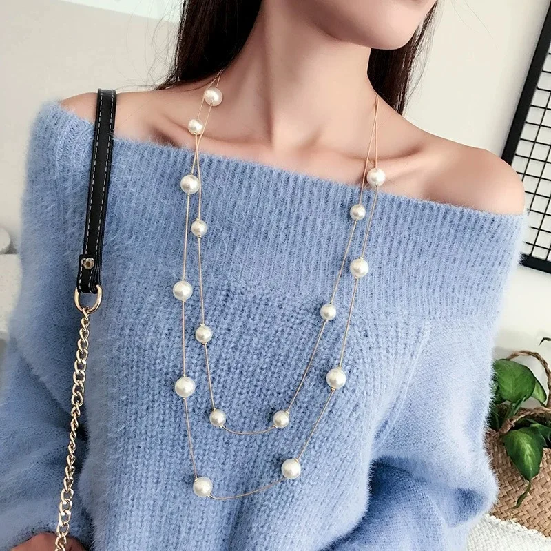 Gold Farbe Halsketten Simulierte Perle Schmuck Lange Halskette Frauen Bijoux Doppel Schicht Pullover Kette Halsketten Image