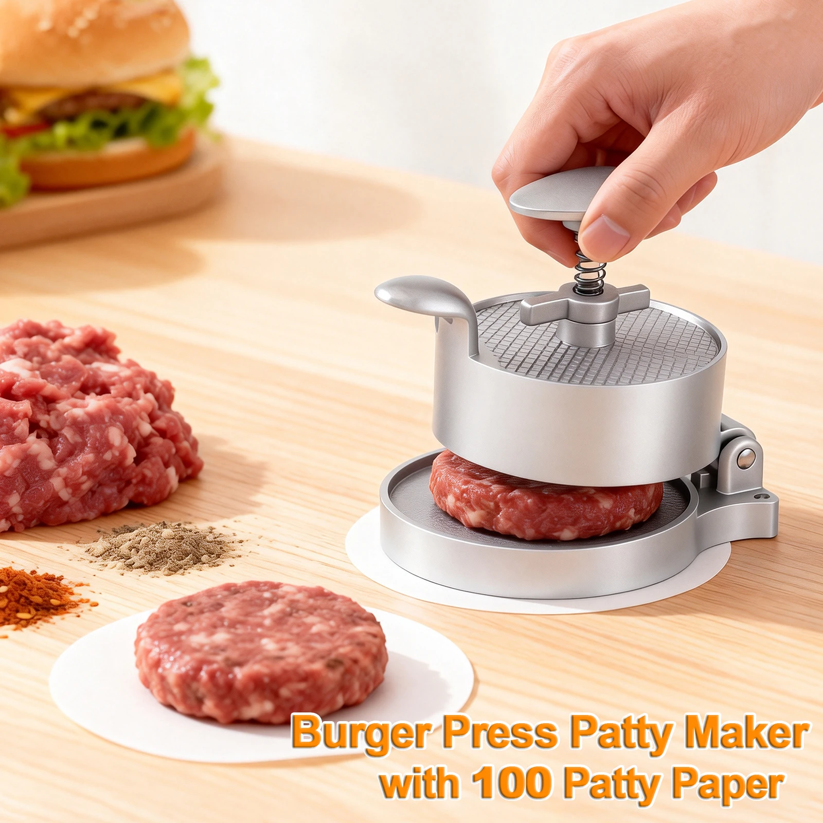 Manuelle Burgerpresse, Patty-Maker mit 100-Patty-Papier, einstellbare Dicke, Hamburger-Patty-Form, antihaftbeschichtet, Küchen- und Fleisch-Gadgets Image