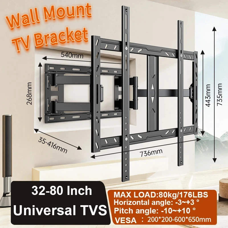 Full Motion TV-Wandhalterung für 32-80-Zoll-Bildschirme – robuster Gelenkarm mit 80 kg max. VESA 650 x 600 mm, passend für LED-LCD-OLED Image