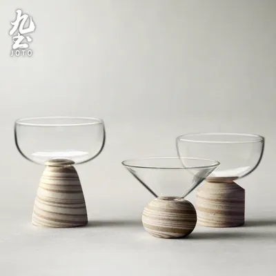 JOTO Teacup Glass Teacup with Wooden Base Handmade Teacup Set Transparent Teacup XCBR0090