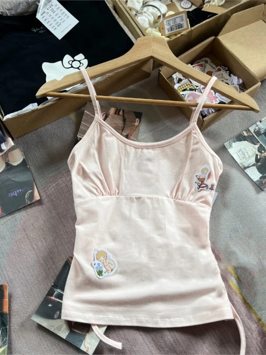Süße rosa zurück Lace-up Leibchen Frauen Sommer Casual Baumwolle ärmellose Tank Tops weibliche Vintage Adrette süße Westen Y2K Top