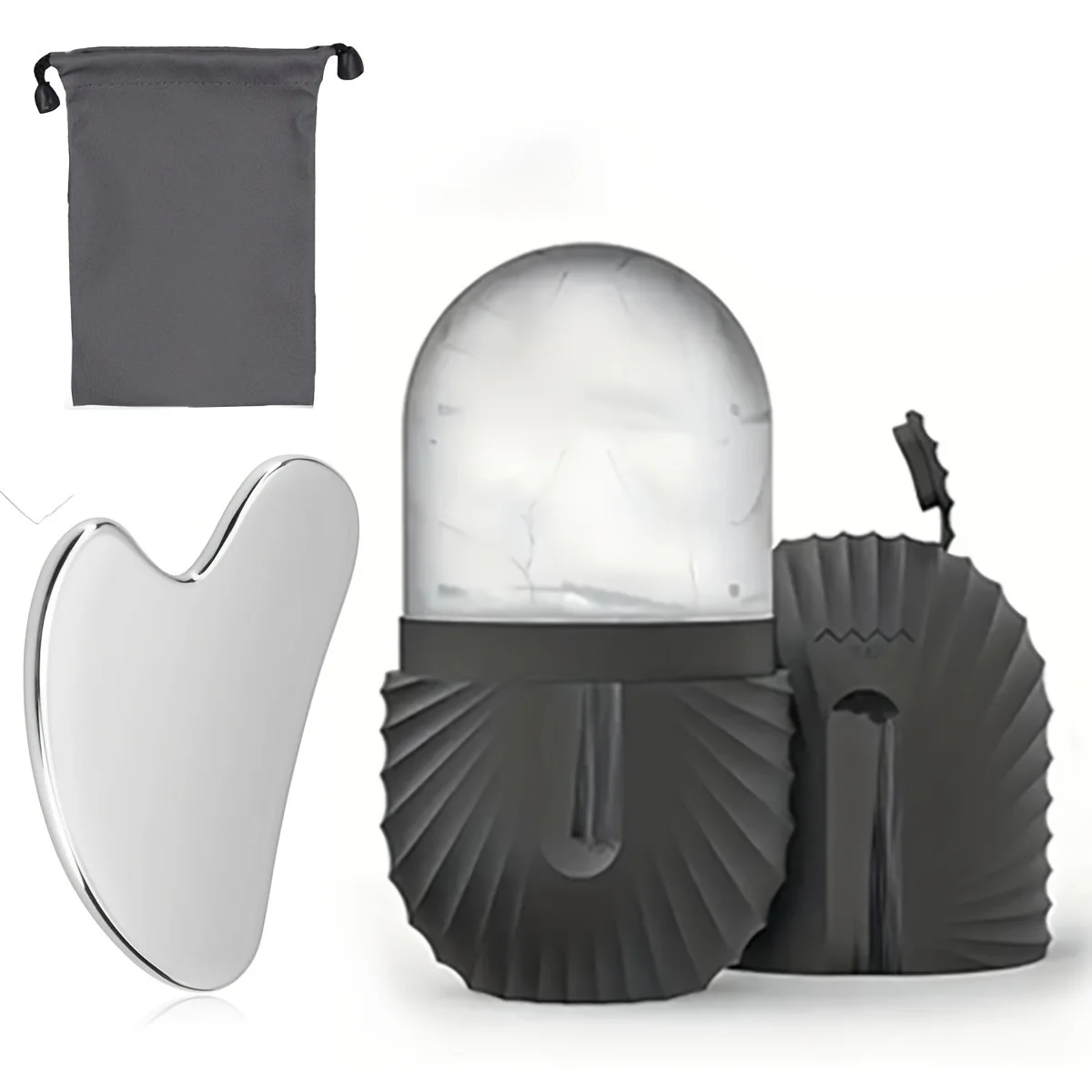Silikon-Eisroller und Edelstahl-Gua-Sha-Set mit Aufbewahrungstasche, 2 wiederverwendbare Gesichtspflegewerkzeuge, manuelle Massage Image