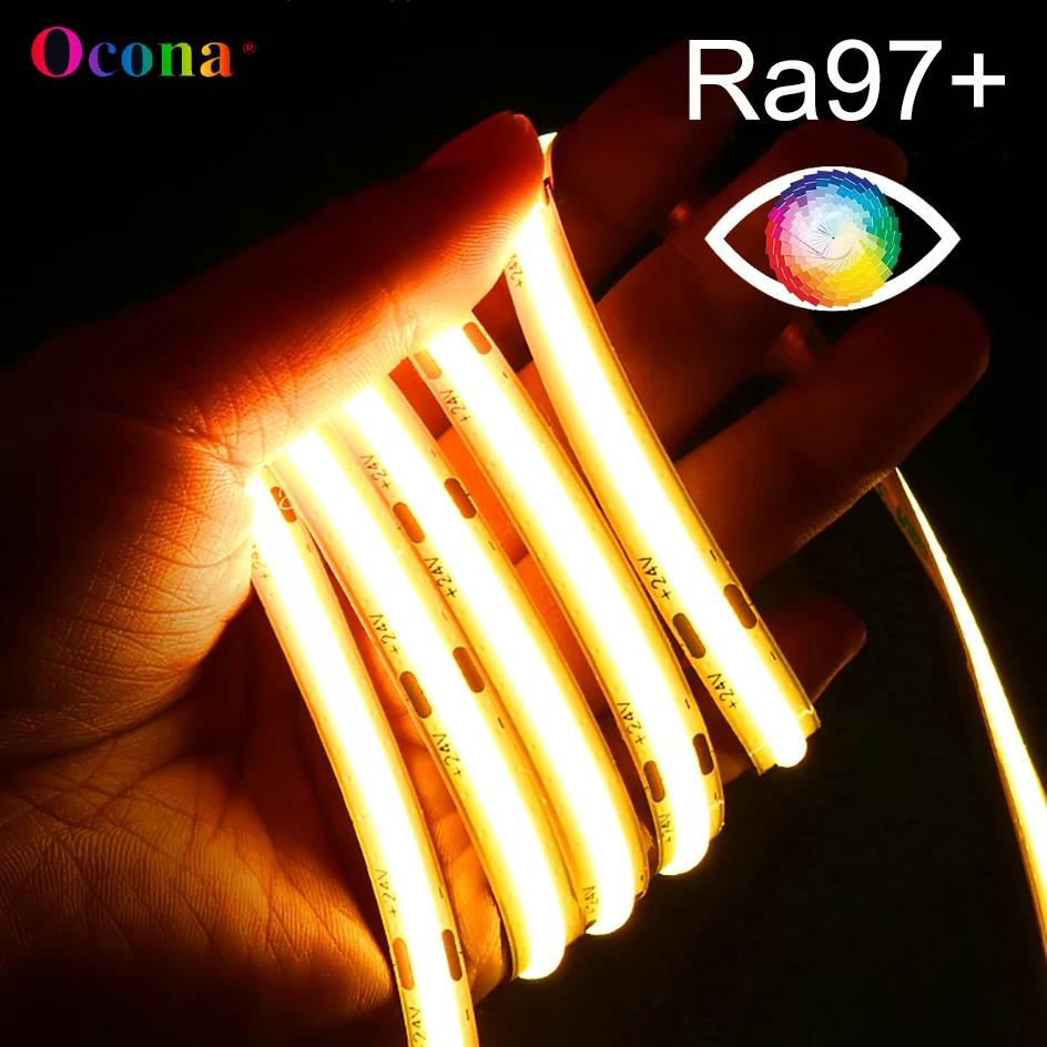 OCONA Ra97+ COB-LED-Streifen mit hohem CRI, 8 mm, flexibel, 480 LEDs/m, LED-Band-Lichterband, 24 V, warm/kaltweiß, 2700 K, 5000 K, dimmbar